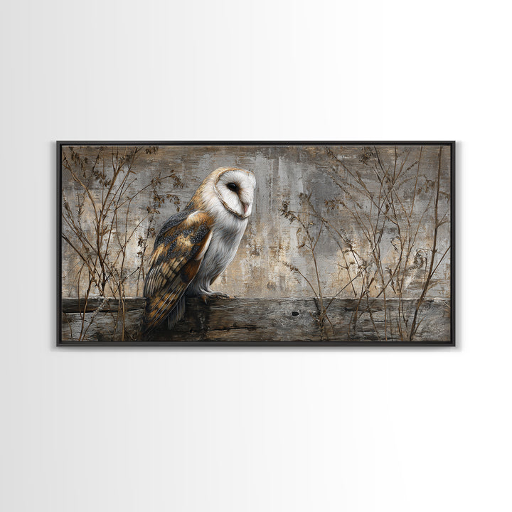 Barn Owl Perched on Aged Wood Framed Canvas Print, Farmhouse Art, Gallery Wall, Farmhouse Decor, Fine Art, Harvest, Art Print, FAR-2x1-19