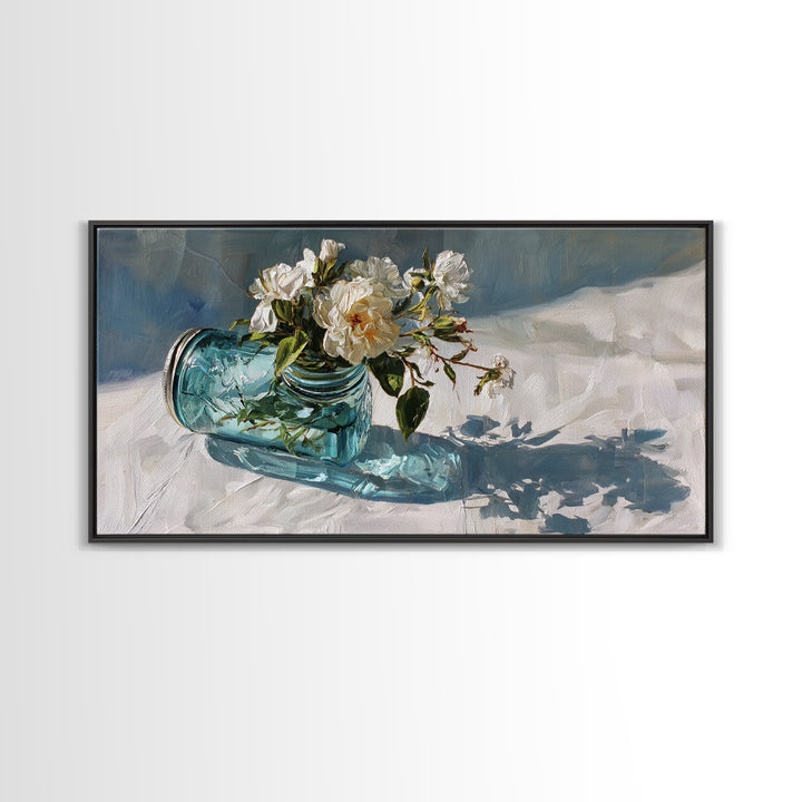 Wildflowers in a Mason Jar on Linen Framed Canvas Print, Farmhouse Art, Digital Print, Farmhouse Decor, Oil Painting, Harvest, FAR-2x1-3