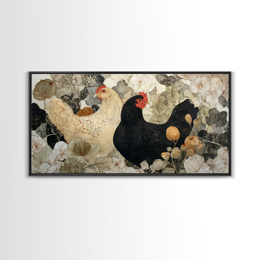 Chicken Family in a Garden Patch Framed Canvas Print, Farmhouse Art, Black Wall Art, Farmhouse Decor, Watercolor Art, Harvest, FAR-2x1-59