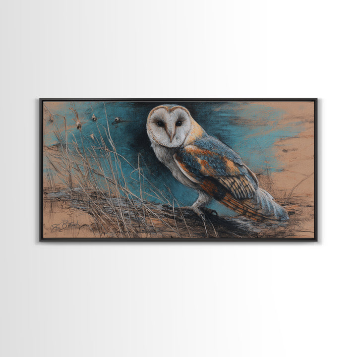 Barn Owl Perched on Aged Wood Framed Canvas Print, Farmhouse Art, Landscape Art, Farmhouse Decor, Fine Art, Harvest, FAR-2x1-67
