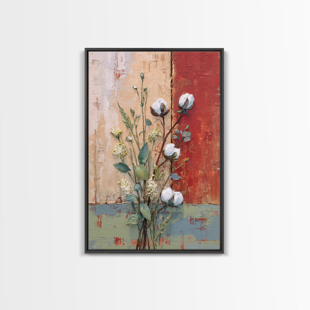 Farmhouse Wreath of Cotton Stems and Eucalyptus Framed Canvas Print, Farmhouse Art, Art Print, Farmhouse Decor, Harvest, FAR-2x3-100