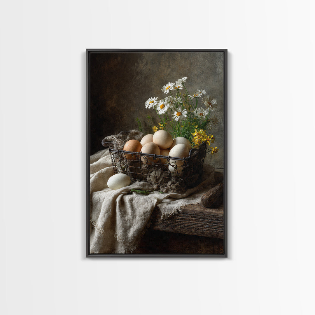Fresh Eggs in a Wire Basket Canvas Print, Farmhouse Art, Art Print, Farmhouse Decor, Oil Painting, Harvest, Digital Art, FAR-2x3-14