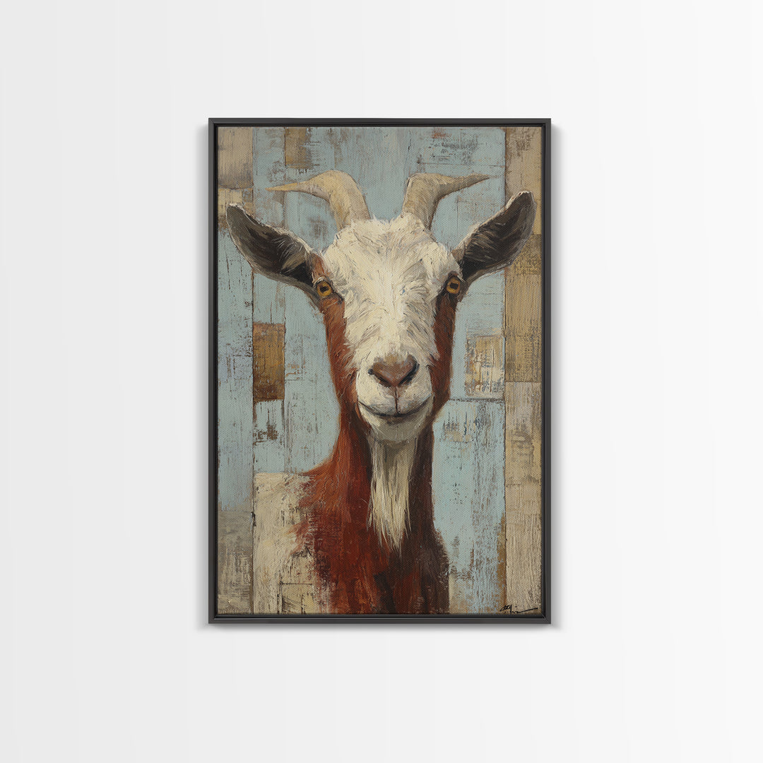 Goat Portrait with Playful Expression Framed Canvas Print, Farmhouse Art, Boho Decor, Farmhouse Decor, Fine Art, Harvest, FAR-2x3-2