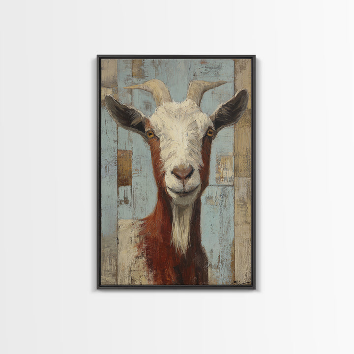 Goat Portrait with Playful Expression Framed Canvas Print, Farmhouse Art, Boho Decor, Farmhouse Decor, Fine Art, Harvest, FAR-2x3-2