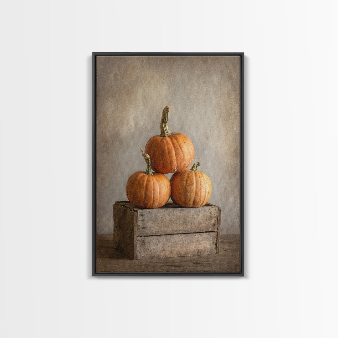 Pumpkins Stacked on a Wooden Crate Framed Canvas Print, Farmhouse Art, Contemporary Art, Farmhouse Decor, Oil Painting, Harvest, FAR-2x3-21