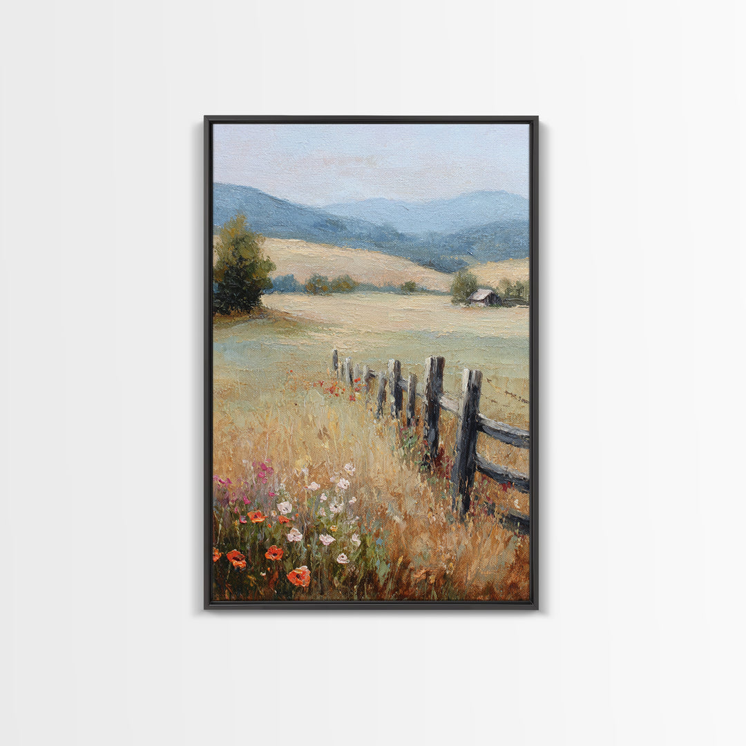 Country Landscape with Fence and Rolling Hills Framed Canvas Print, Farmhouse Art, Textured Painting, Farmhouse Decor, Harvest, FAR-2x3-22