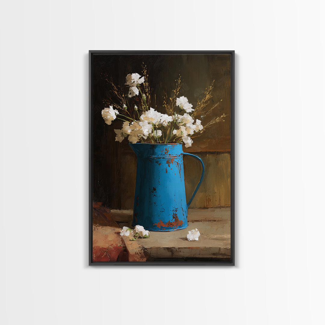 Blue Enamel Pitcher Framed Canvas Print, Farmhouse Art, Landscape Painting, Farmhouse Decor, Watercolor Art, Harvest, FAR-2x3-24