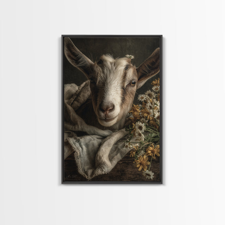 Goat Portrait with Playful Expression Framed Canvas Print, Farmhouse Art, Boho Decor, Farmhouse Decor, Fine Art, Harvest, FAR-2x3-26