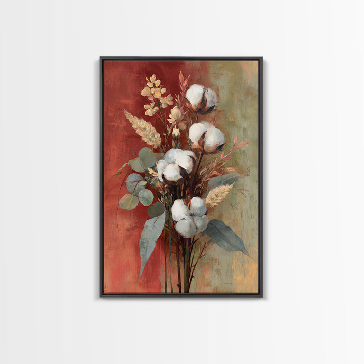 Farmhouse Wreath of Cotton Stems and Eucalyptus Framed Canvas Print, Farmhouse Art, Farmhouse Decor, Fine Art, Harvest, FAR-2x3-28