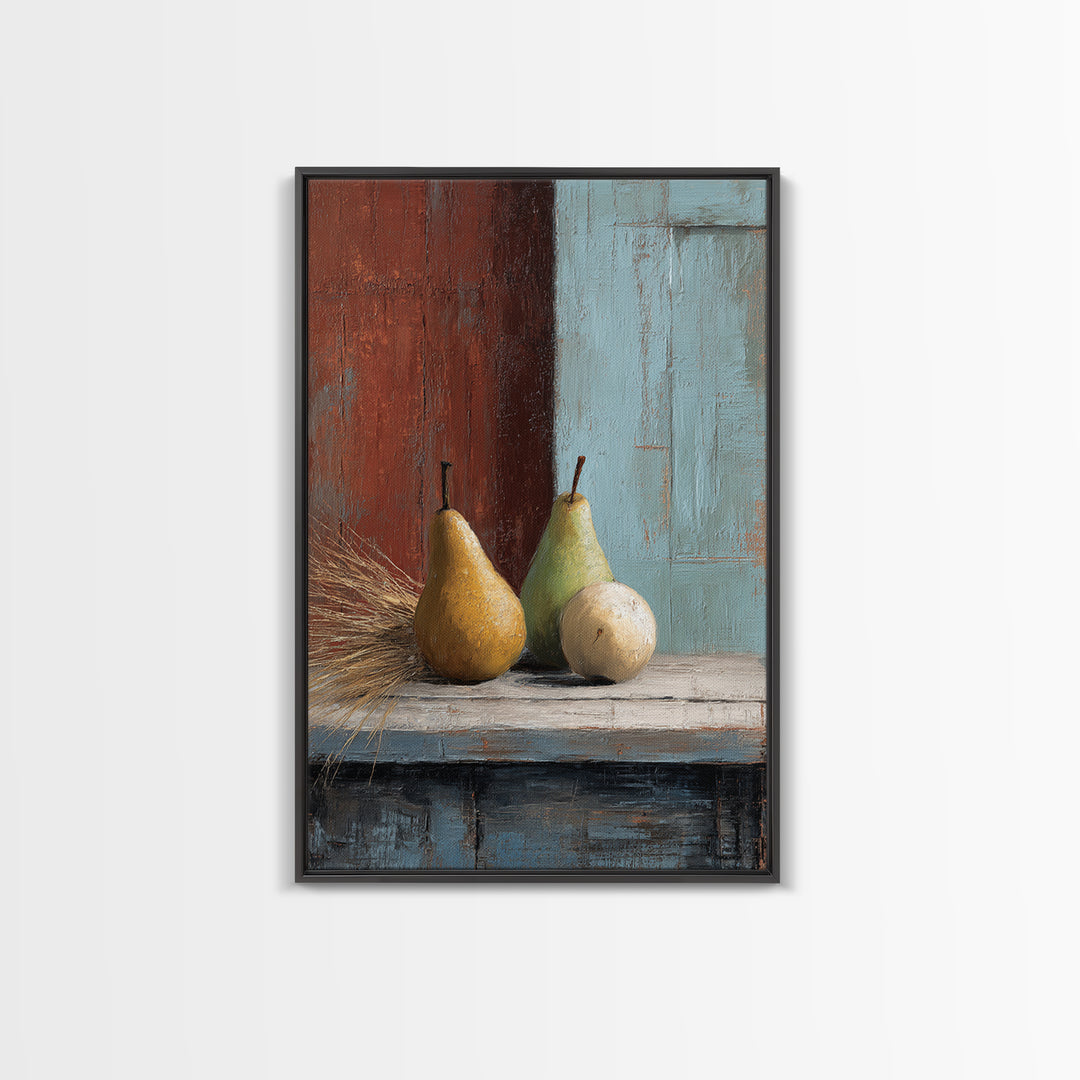 Rustic Pear Still Life on Plank Wood Framed Canvas Print, Farmhouse Art, Landscape Art, Farmhouse Decor, Fine Art, Harvest, FAR-2x3-3