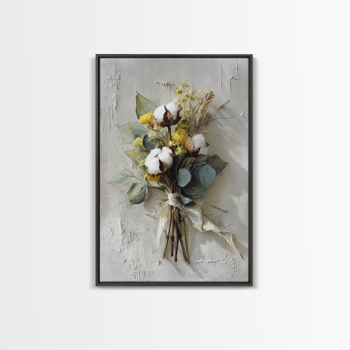 Farmhouse Wreath of Cotton Stems and Eucalyptus Canvas Print, Farmhouse Art, Statement Artwork, Farmhouse Decor, Harvest, FAR-2x3-4