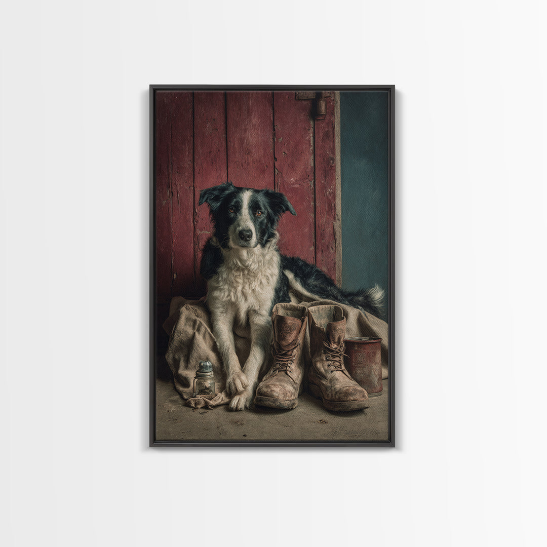 Farm Dog Lying Beside Weathered Boots Framed Canvas Print, Farmhouse Art, Wall Decor, Farmhouse Decor, Abstract Art, Harvest, FAR-2x3-41