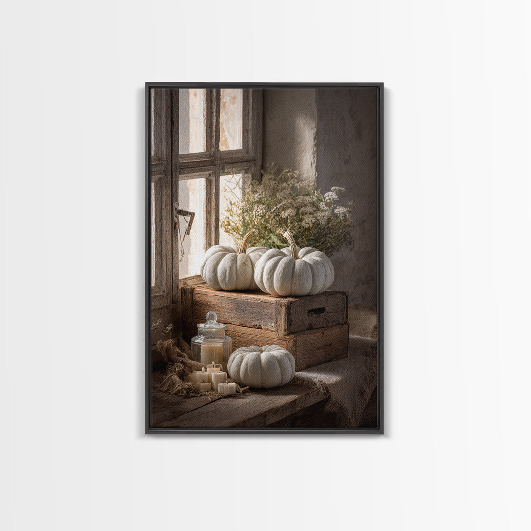 Pumpkins Stacked on a Wooden Crate Canvas Print, Farmhouse Art, Digital Prints, Farmhouse Decor, Harvest, Watercolor Painting, FAR-2x3-45