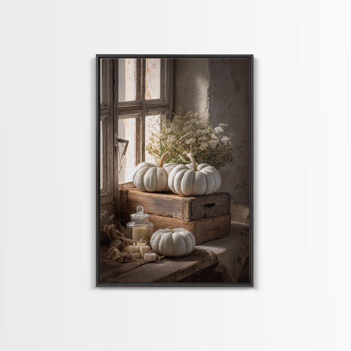 Pumpkins Stacked on a Wooden Crate Canvas Print, Farmhouse Art, Digital Prints, Farmhouse Decor, Harvest, Watercolor Painting, FAR-2x3-45