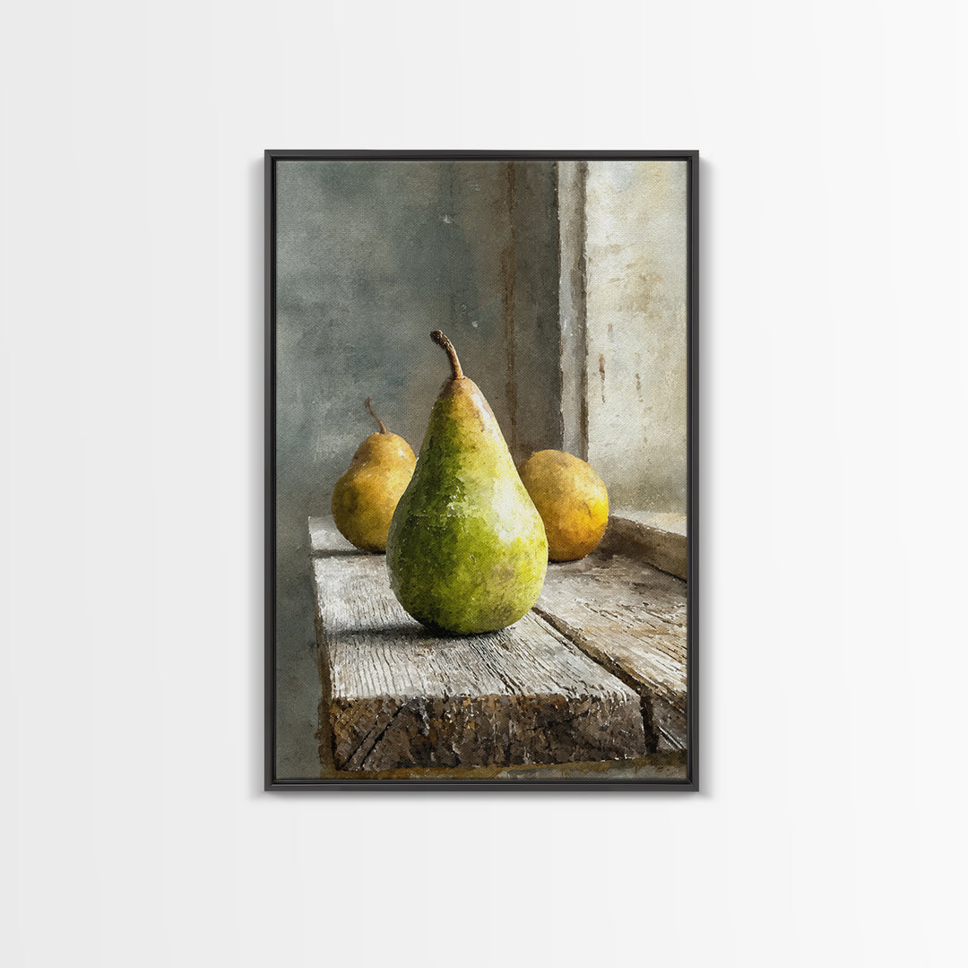 Rustic Pear Still Life on Plank Wood Framed Canvas Print, Farmhouse Art, Room Decor, Farmhouse Decor, Oil Painting, Harvest, FAR-2x3-51