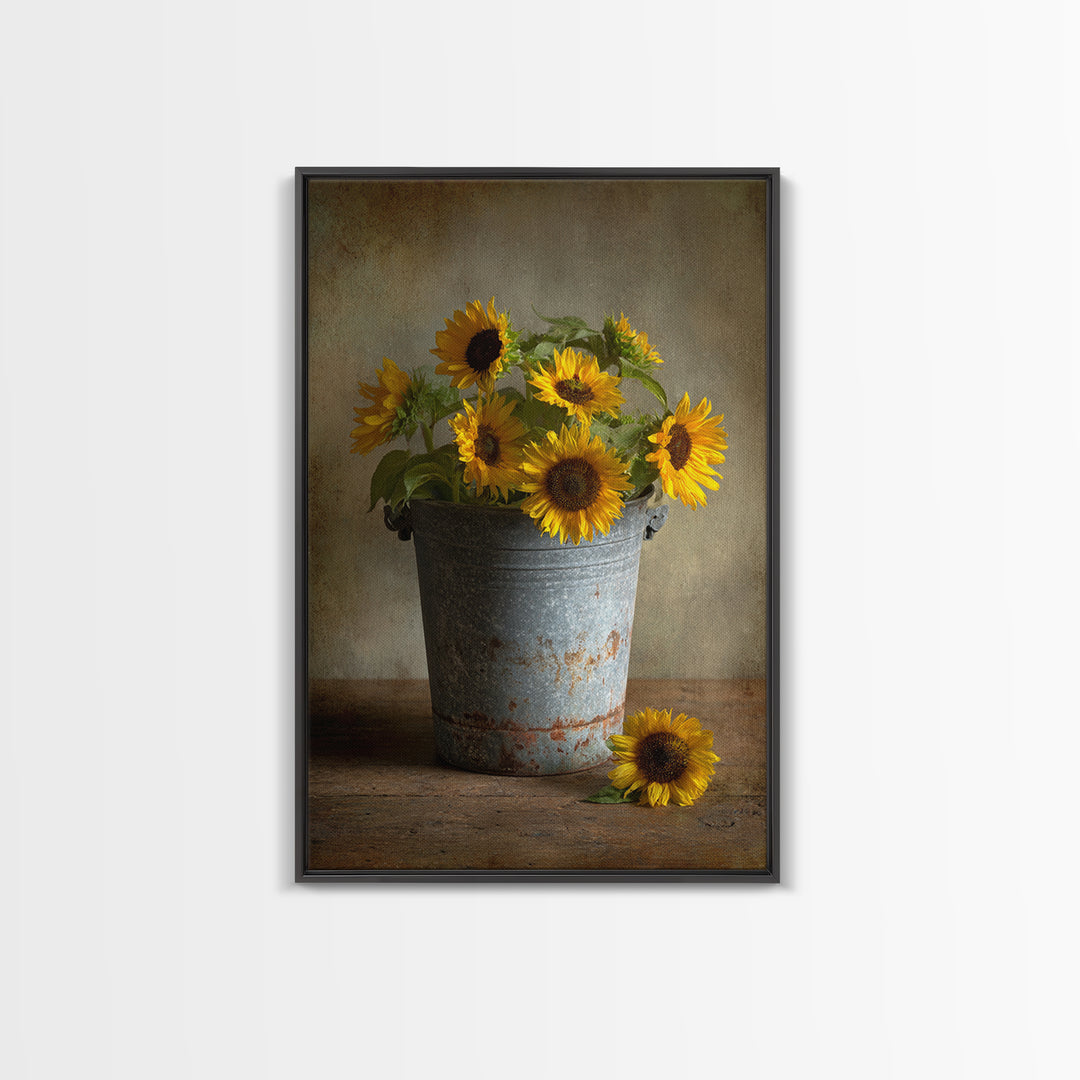 Sunflowers in a Galvanized Metal Bucket Framed Canvas Print, Farmhouse Art, Art, Farmhouse Decor, Watercolor Art, Harvest, FAR-2x3-59