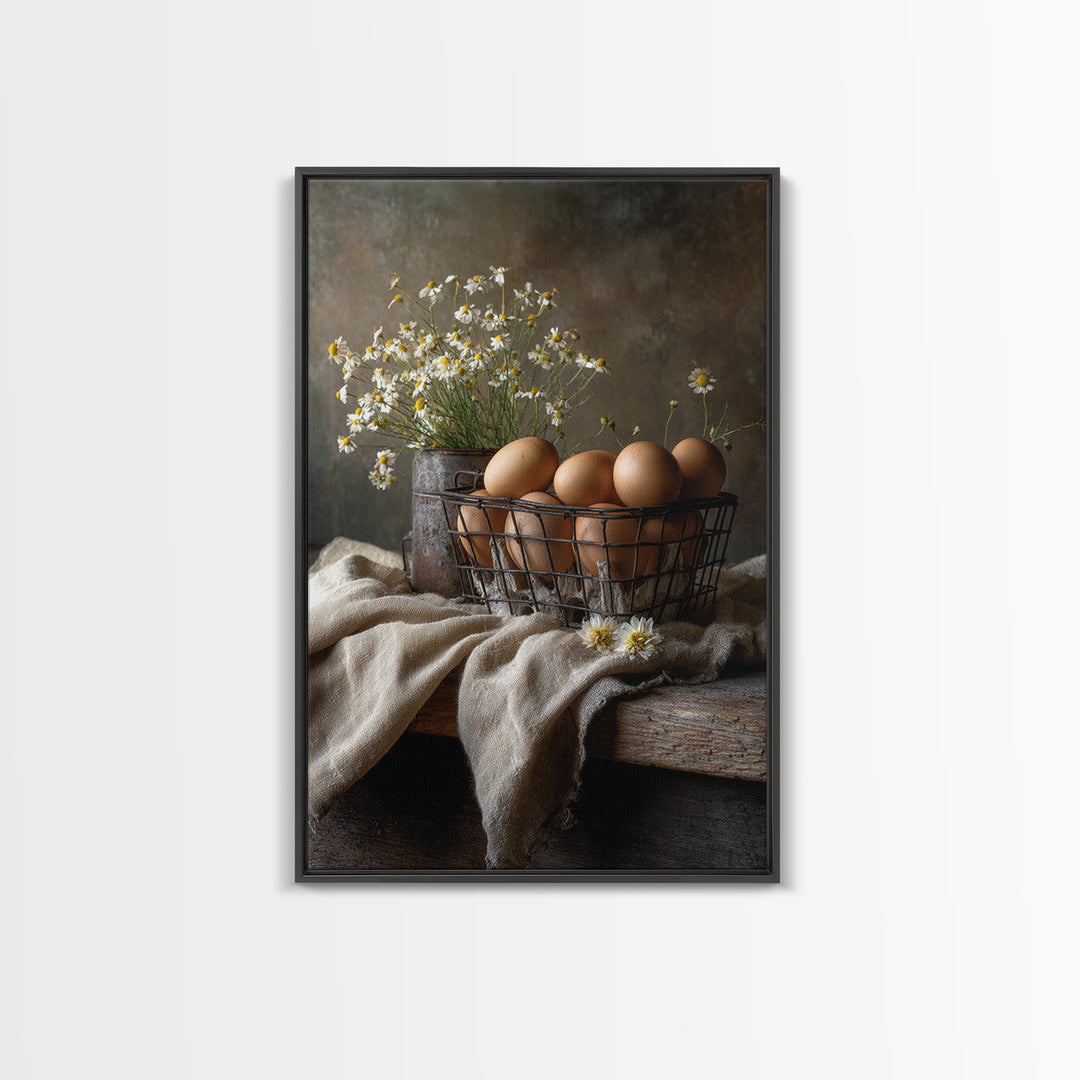 Fresh Eggs in a Wire Basket Canvas Print, Farmhouse Art, Farmhouse Decor, Abstract Art, Harvest, Sage Green Wall Art, FAR-2x3-62