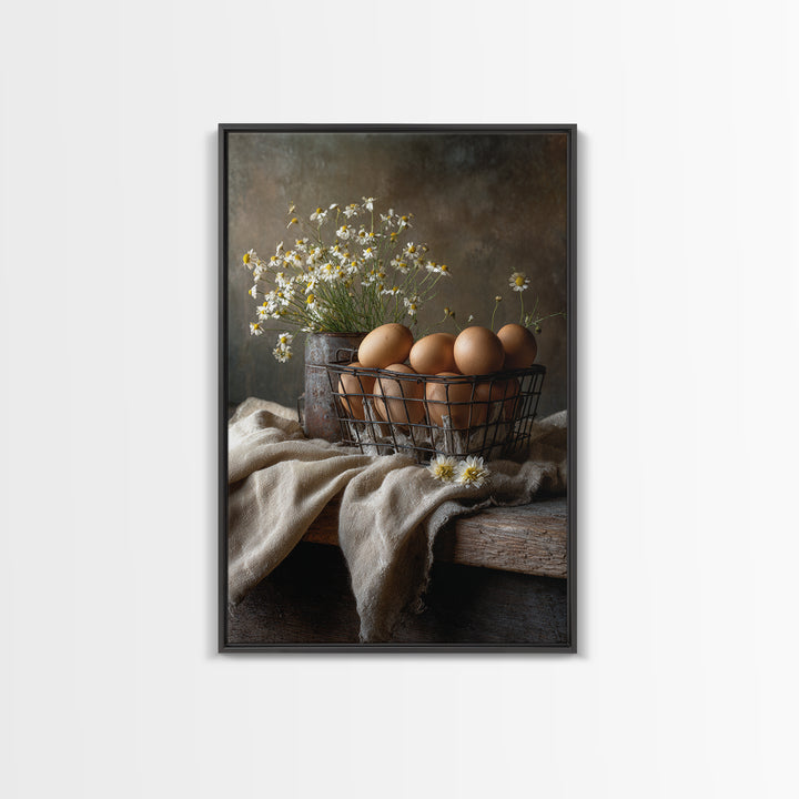 Fresh Eggs in a Wire Basket Canvas Print, Farmhouse Art, Farmhouse Decor, Abstract Art, Harvest, Sage Green Wall Art, FAR-2x3-62