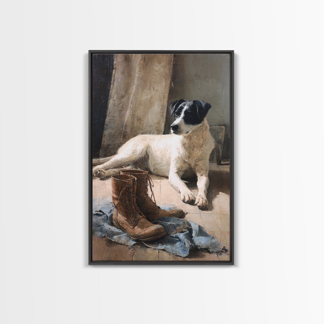 Farm Dog Lying Beside Weathered Boots Canvas Print, Farmhouse Art, Digital Wall Art, Farmhouse Decor, Fine Art, Harvest, FAR-2x3-65