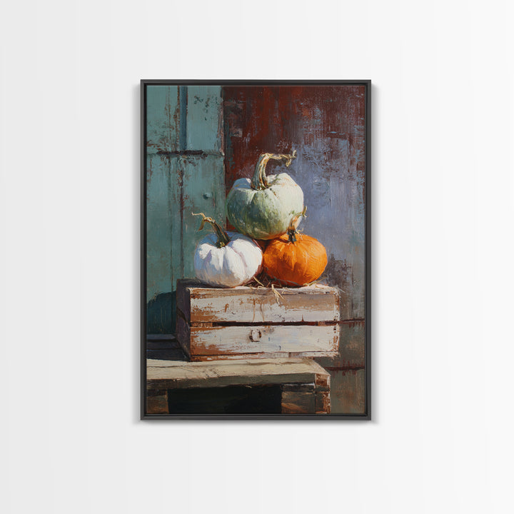 Pumpkins Stacked on a Wooden Crate Framed Canvas Print, Farmhouse Art, Digital Print, Farmhouse Decor, Fine Art, Harvest, FAR-2x3-69