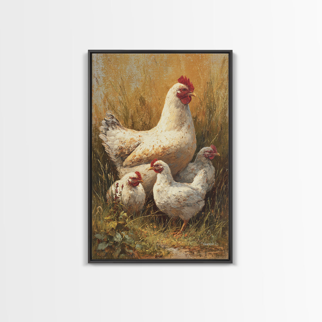 Chicken Family in a Garden Patch Canvas Print, Farmhouse Art, Farmhouse Decor, Oil Painting, Harvest, Sage Green Wall Art, FAR-2x3-71