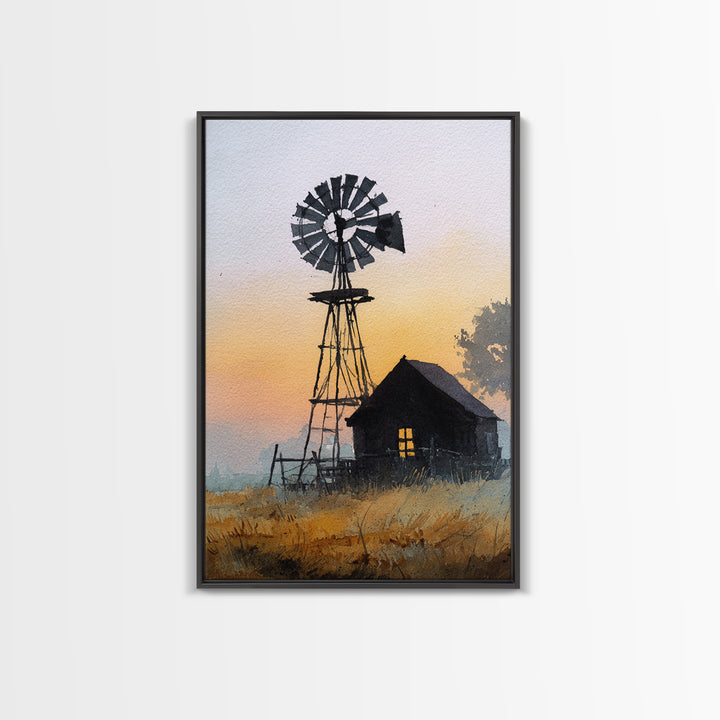 Windmill Silhouette at Sunset Framed Canvas Print, Farmhouse Art, Printable Art, Farmhouse Decor, Harvest, Landscape Painting, FAR-2x3-73