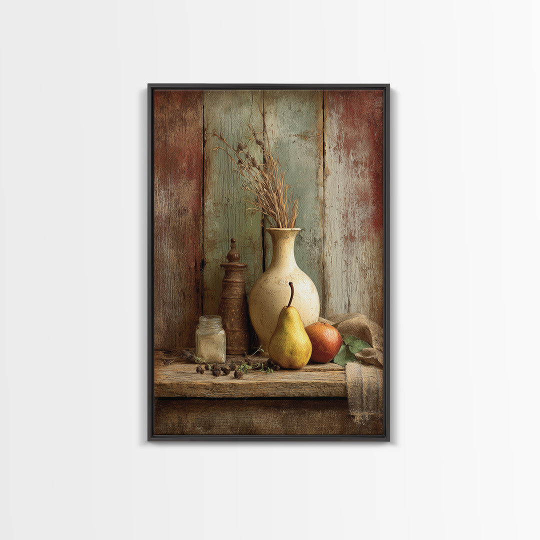 Rustic Pear Still Life on Plank Wood Framed Canvas Print, Farmhouse Art, Digital Art, Farmhouse Decor, Fine Art, Harvest, FAR-2x3-75