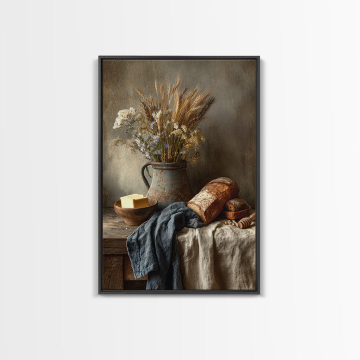 Fresh Bread Honey and Butter Still Life Framed Canvas Print, Farmhouse Art, Black Wall Art, Farmhouse Decor, Oil Painting, FAR-2x3-8
