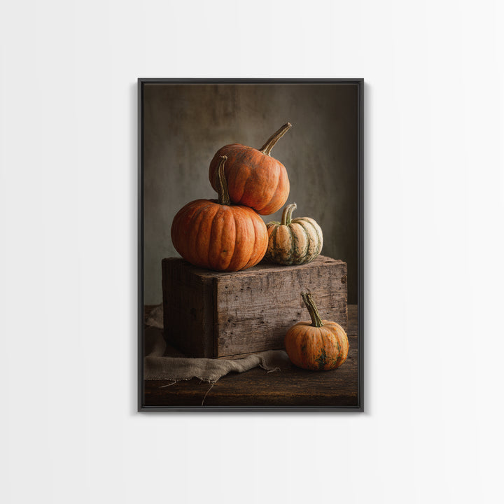 Pumpkins Stacked on a Wooden Crate Framed Canvas Print, Farmhouse Art, Digital Print, Farmhouse Decor, Fine Art, Harvest, FAR-2x3-93