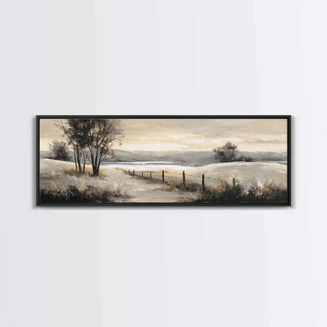 Rustic Barn in Golden Field Light Framed Canvas Print, Farmhouse Art, Oil Painting, Farmhouse Decor, Fine Art, Harvest, FAR-3x1-18