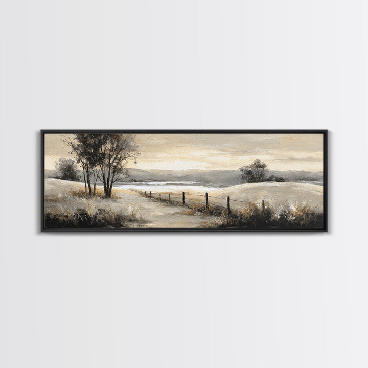 Rustic Barn in Golden Field Light Framed Canvas Print, Farmhouse Art, Oil Painting, Farmhouse Decor, Fine Art, Harvest, FAR-3x1-18
