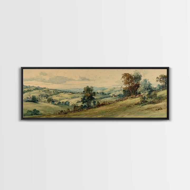 Country Landscape with Fence and Rolling Hills Canvas Print, Farmhouse Art, Farmhouse Wall Decor, Farmhouse Decor, Harvest, FAR-3x1-6