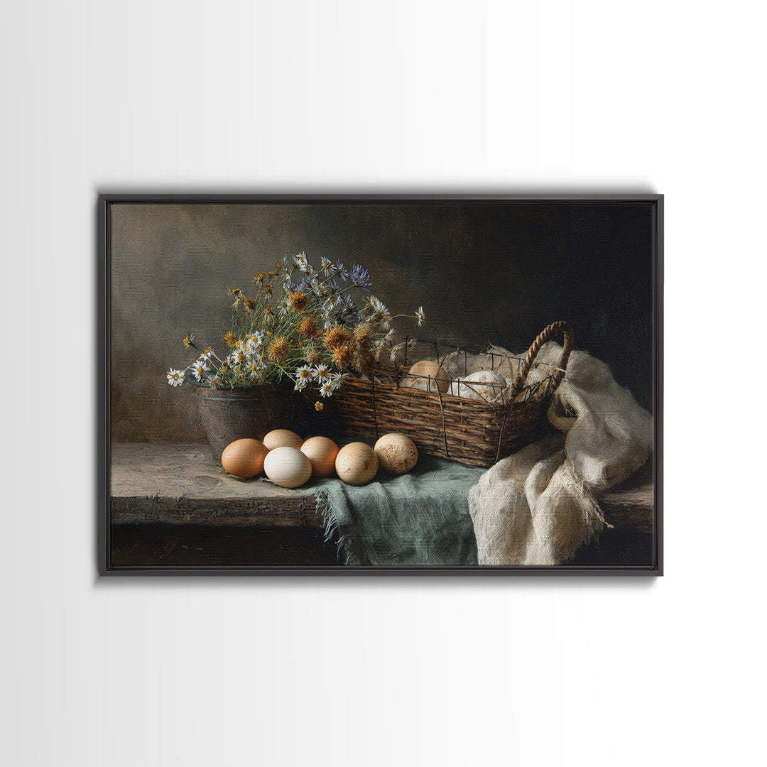 Fresh Eggs in a Wire Basket Framed Canvas Print, Farmhouse Art, Printable Art, Farmhouse Decor, Harvest, Landscape Painting, FAR-3x2-10