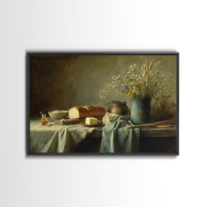 Fresh Bread Honey and Butter Still Life Framed Canvas Print, Farmhouse Art, Fine Art Print, Farmhouse Decor, Oil Painting, FAR-3x2-100