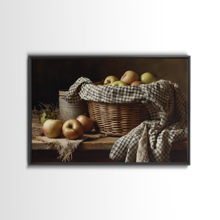 Apple Basket with Gingham Cloth Framed Canvas Print, Farmhouse Art, Oil Painting, Farmhouse Decor, Fine Art, Harvest, FAR-3x2-15