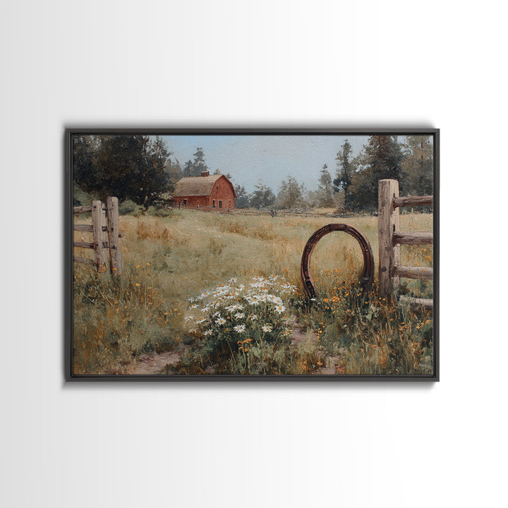 Weathered Horseshoe and Wildflowers Framed Canvas Print, Farmhouse Art, Sage Green Wall Art, Farmhouse Decor, Fine Art, Harvest, FAR-3x2-25