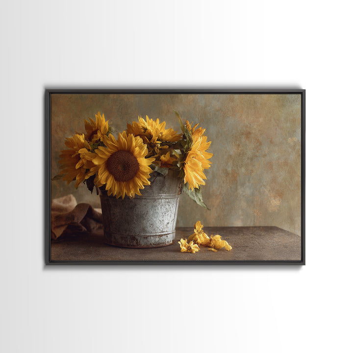 Sunflowers in a Galvanized Metal Bucket Framed Canvas Print, Farmhouse Art, Landscape Painting, Farmhouse Decor, Harvest, FAR-3x2-31