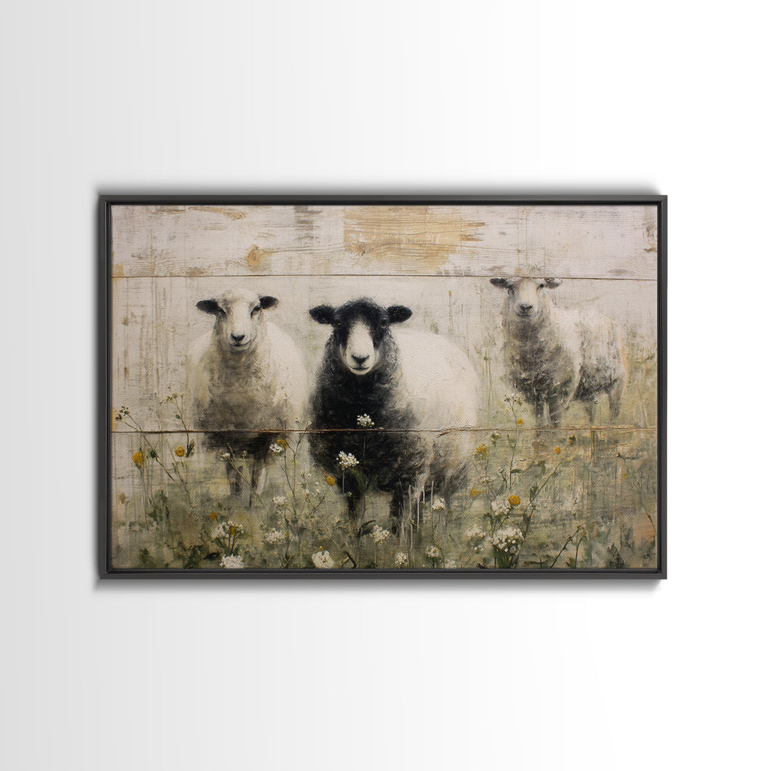 Black and White Sheep Framed Canvas Print, Farmhouse Art, Sage Green Wall Art, Farmhouse Decor, Harvest, Gallery Decor, FAR-3x2-36