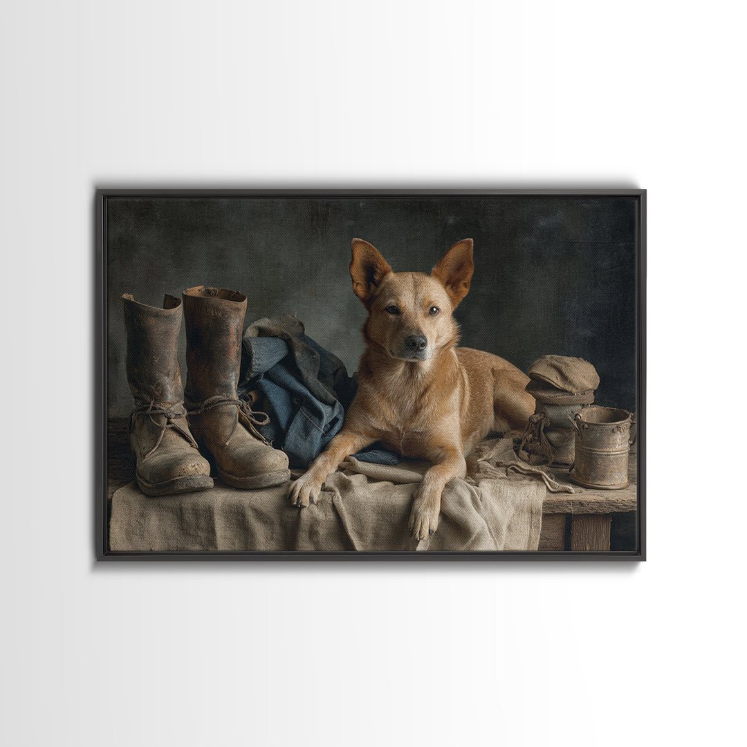 Farm Dog Lying Beside Weathered Boots Canvas Print, Farmhouse Art, Farmhouse Wall Decor, Farmhouse Decor, Oil Painting, Harvest, FAR-3x2-37