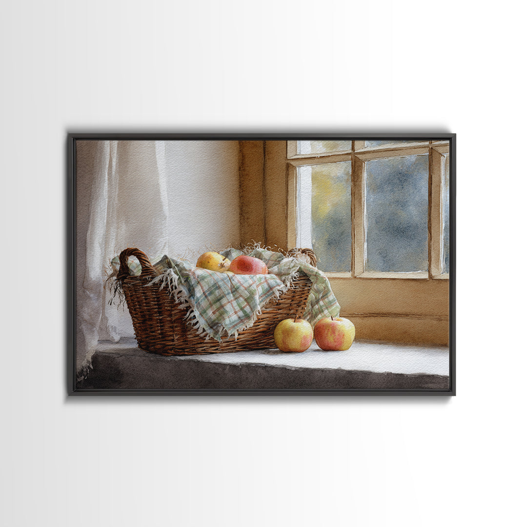 Apple Basket with Gingham Cloth Framed Canvas Print, Farmhouse Art, Neutral Decor, Farmhouse Decor, Fine Art, Harvest, FAR-3x2-39