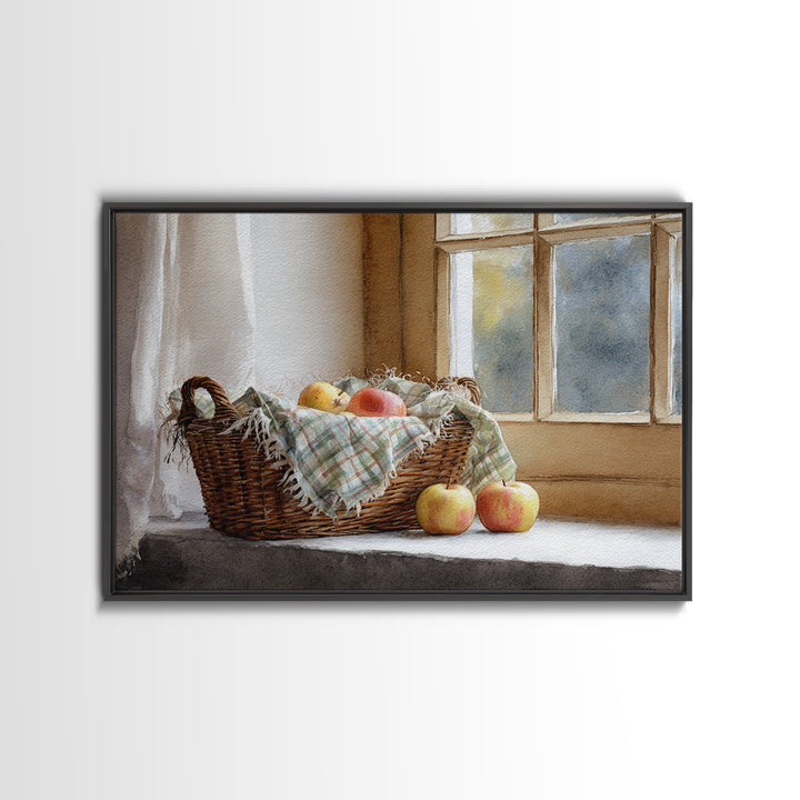 Apple Basket with Gingham Cloth Framed Canvas Print, Farmhouse Art, Neutral Decor, Farmhouse Decor, Fine Art, Harvest, FAR-3x2-39