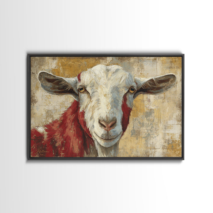 Goat Portrait with Playful Expression Framed Canvas Print, Farmhouse Art, Living Room Decor, Farmhouse Decor, Fine Art, Harvest, FAR-3x2-46