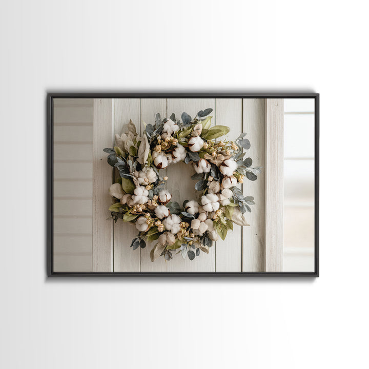 Farmhouse Wreath of Cotton Stems and Eucalyptus Canvas Print, Farmhouse Art, Farmhouse Wall Decor, Farmhouse Decor, Harvest, FAR-3x2-48
