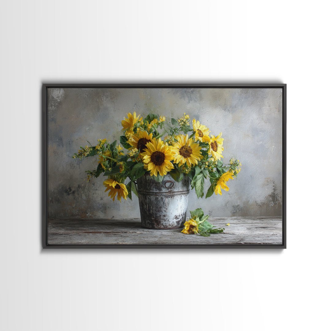 Sunflowers in a Galvanized Metal Bucket Framed Canvas Print, Farmhouse Art, Art, Farmhouse Decor, Watercolor Art, Harvest, FAR-3x2-55