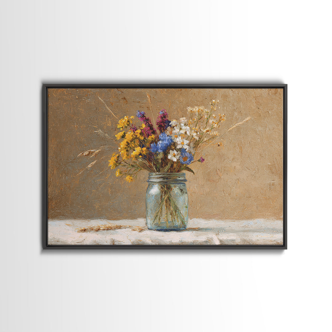 Wildflowers in a Mason Jar on Linen Framed Canvas Print, Farmhouse Art, Art Print, Farmhouse Decor, Fine Art, Harvest, FAR-3x2-59
