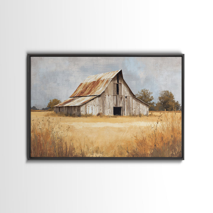 Rustic Barn in Golden Field Light Framed Canvas Print, Farmhouse Art, Digital Print, Farmhouse Decor, Fine Art, Harvest, FAR-3x2-6