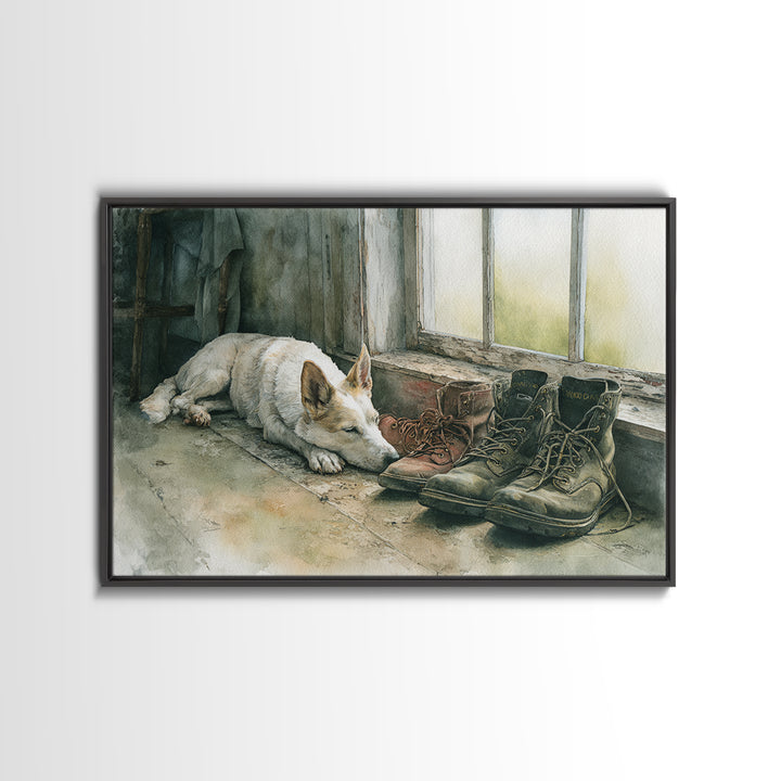 Farm Dog Lying Beside Weathered Boots Canvas Print, Farmhouse Art, Farmhouse Wall Decor, Farmhouse Decor, Oil Painting, Harvest, FAR-3x2-61