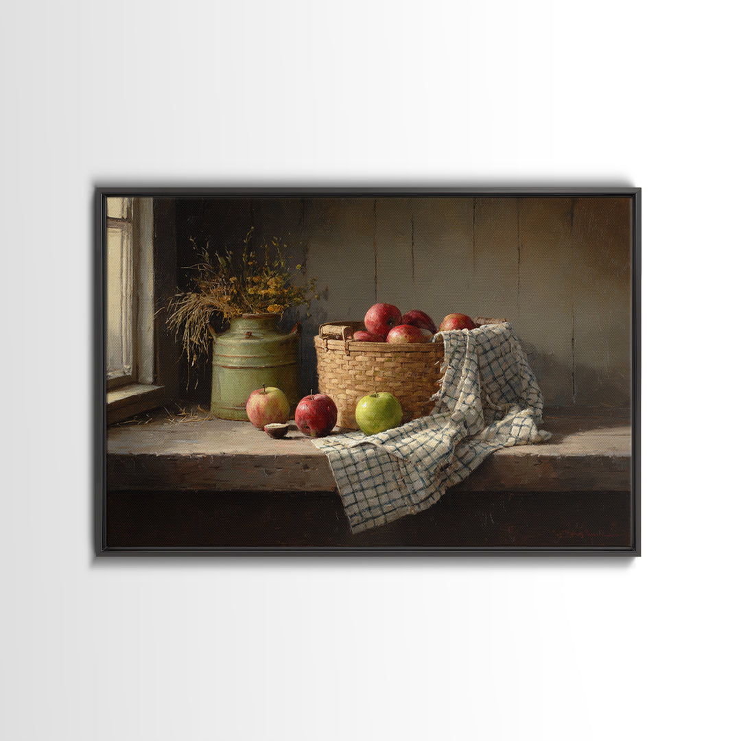 Apple Basket with Gingham Cloth Framed Canvas Print, Farmhouse Art, Digital Print, Farmhouse Decor, Fine Art, Harvest, FAR-3x2-63