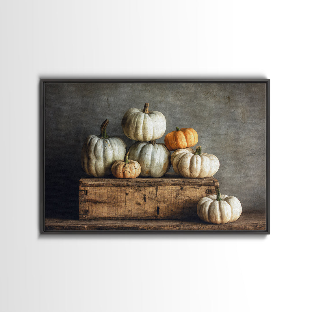 Pumpkins Stacked on a Wooden Crate Framed Canvas Print, Farmhouse Art, Botanical Prints, Farmhouse Decor, Watercolor Art, FAR-3x2-65