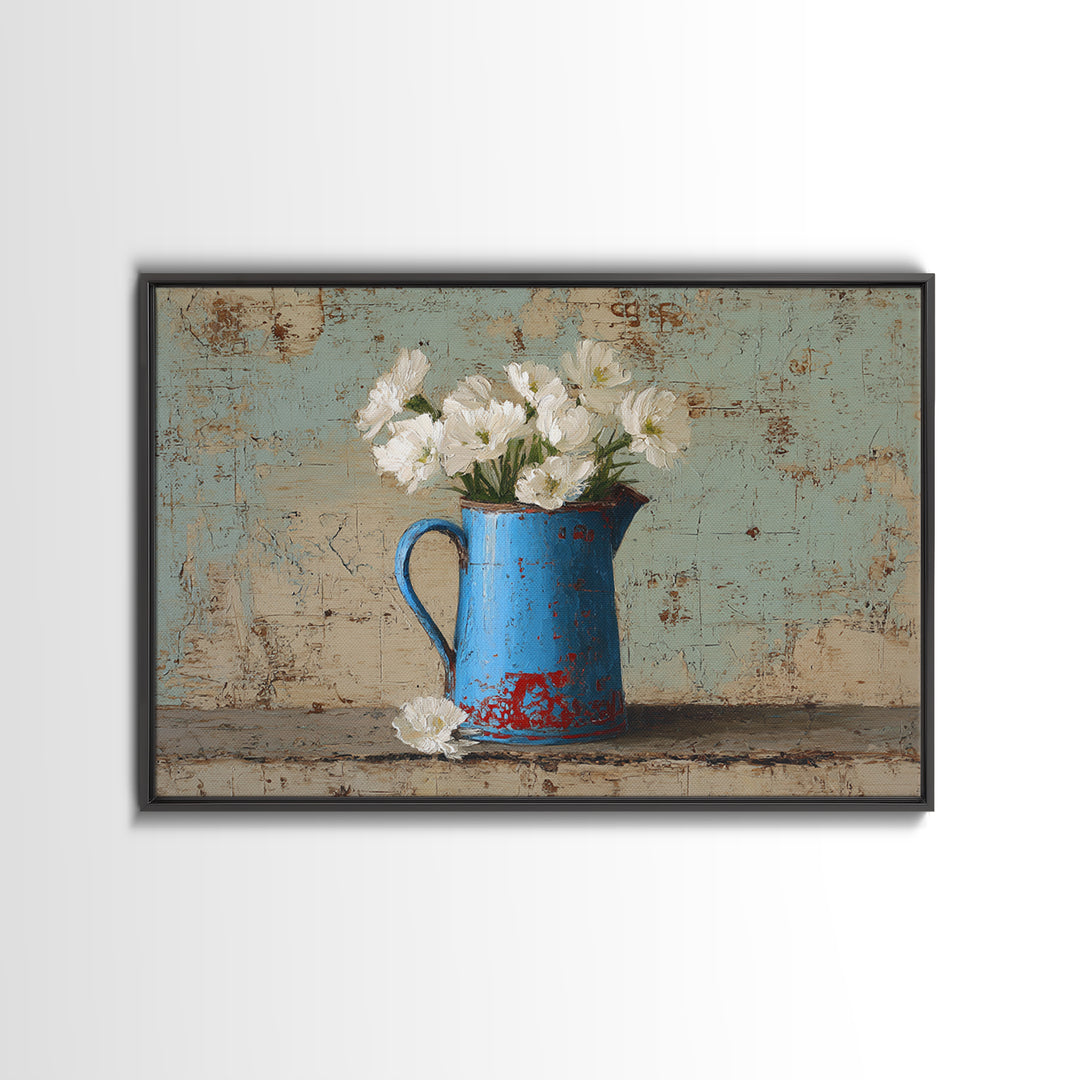 Blue Enamel Pitcher Canvas Print, Farmhouse Art, Neutral Decor, Farmhouse Decor, Oil Painting, Harvest, Wall Art, Home Decor, FAR-3x2-68